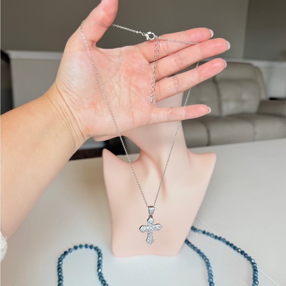 Silver Cubic Zirconia Cross Pendant Necklace - Picture 11 of 11